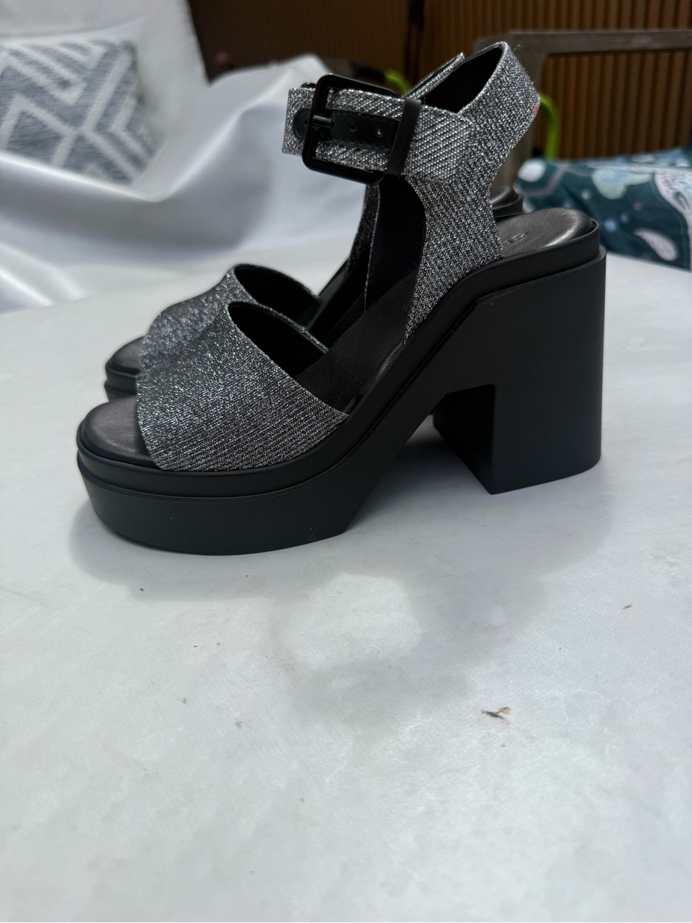 Clergerie Black Sparkle Chunky Heels Sz 36
